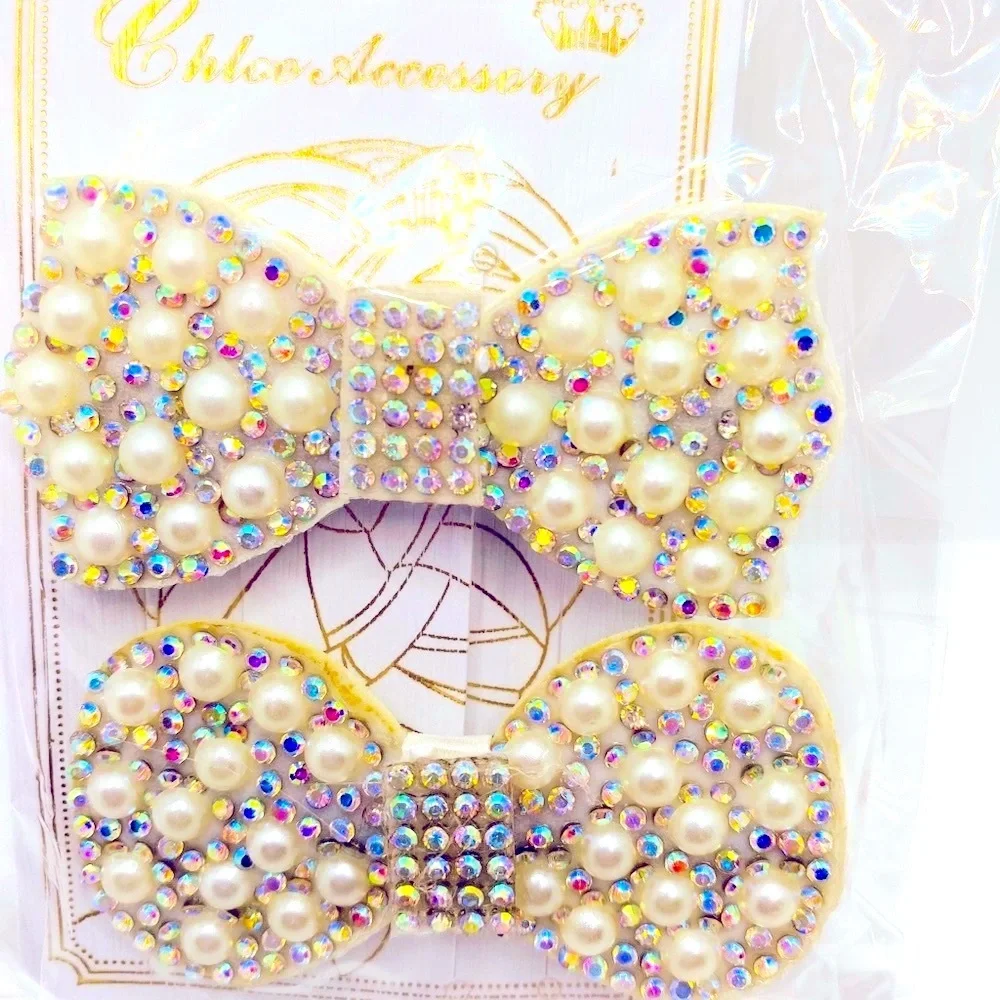 Hair barrette bow faux pearls crystals iri…
